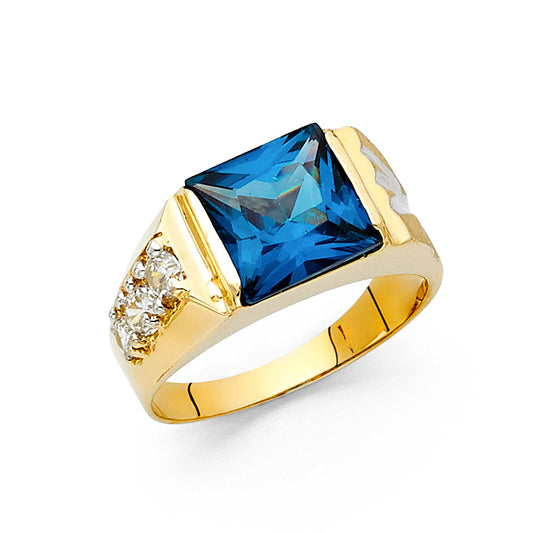 14K Yellow Gold Men’s Square Synthetic Sapphire Blue CZ Ring