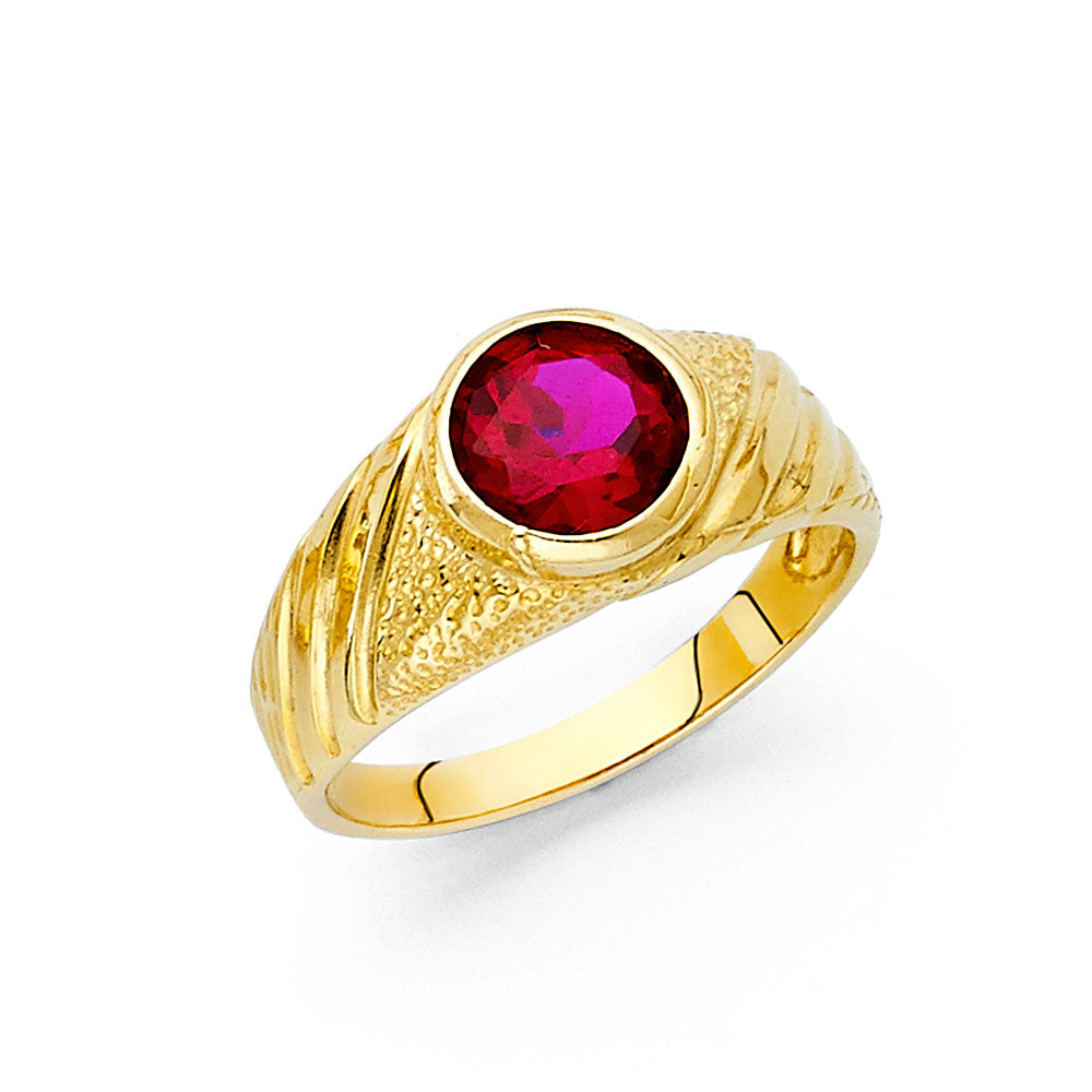 14K Yellow Gold Men’s Round Synthetic Red Ruby CZ Ring