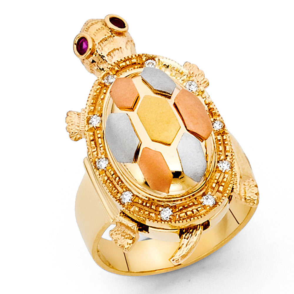 14K Tri-Color Gold Turtle Design CZ Ring