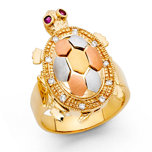 14K Tri-Color Gold Turtle Design CZ Ring