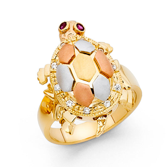 14K Tri-Color Gold Turtle Design CZ Ring