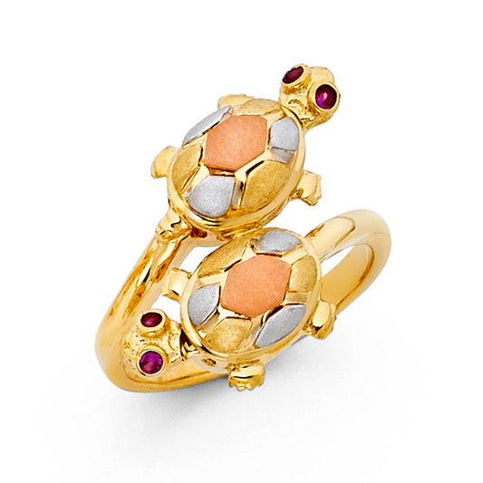 14K Tri-Color Gold Double Turtle Design Ring with Synthetic Red Ruby CZ