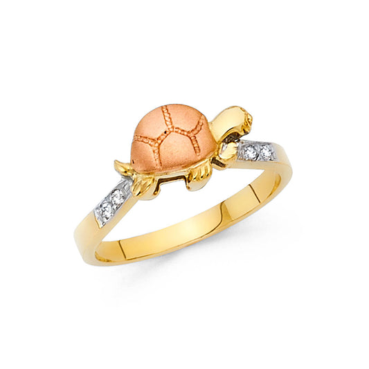 14K Tri-Color Gold Turtle Design CZ Ring