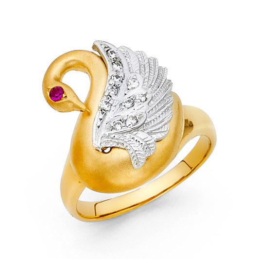 14K Two-Tone Gold Women’s Swan Design Ring with Synthetic Red Ruby CZ and Cubic Zirconia