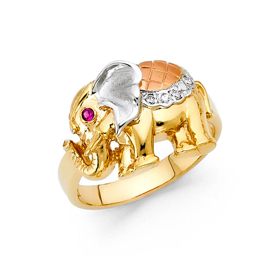 14K Tri-Color Gold Elephant Design CZ Ring