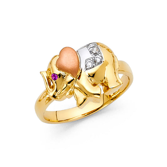14K Tri-Color Gold Elephant Design CZ Ring