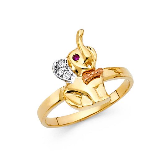 14K Tri-Color Gold Elephant Design CZ Ring