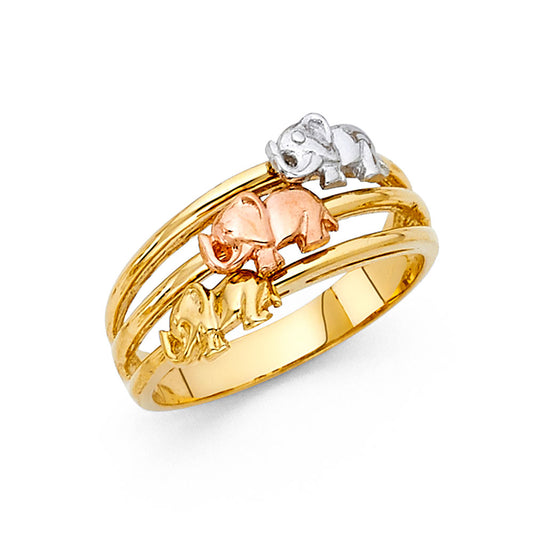 14K Tri-Color Gold Elephant Family Design Ring