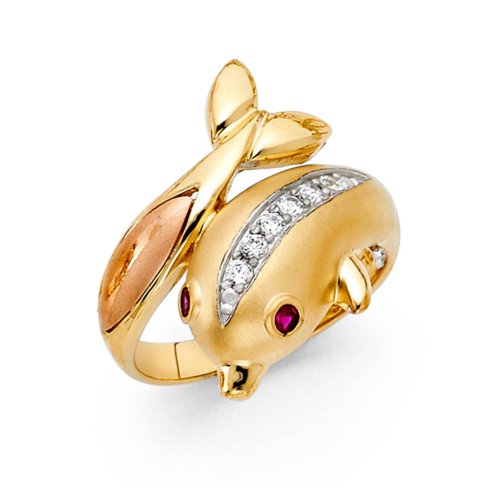 14K Tri-Color Gold Dolphin Design CZ Ring