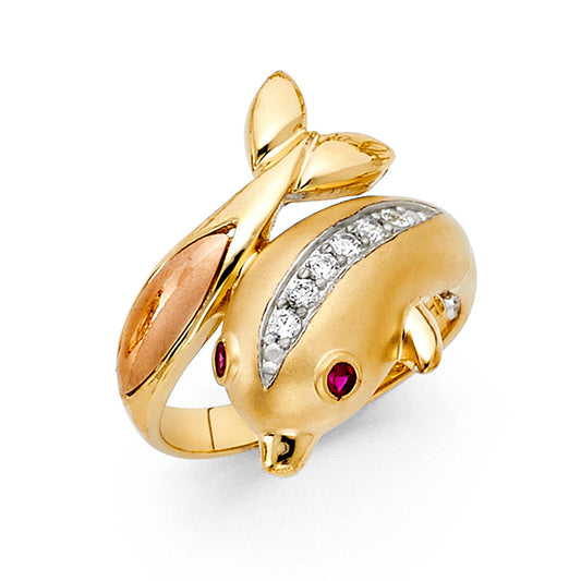 14K Tri-Color Gold Dolphin Design CZ Ring