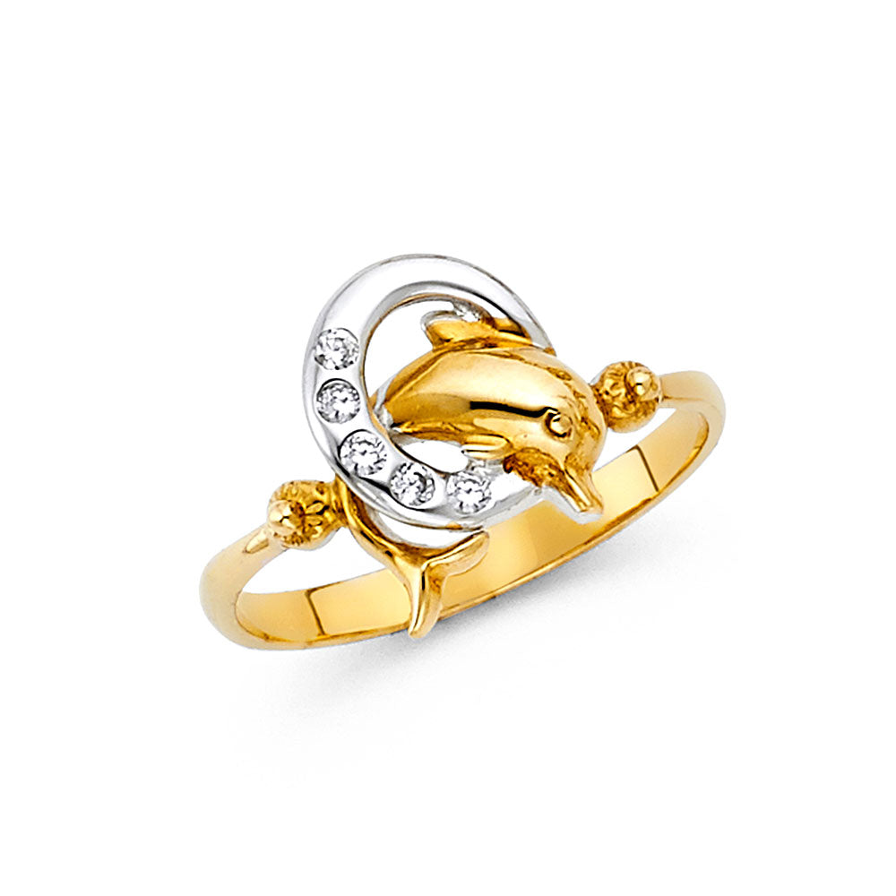 14K Two-Tone Gold Dolphin Design CZ Ring