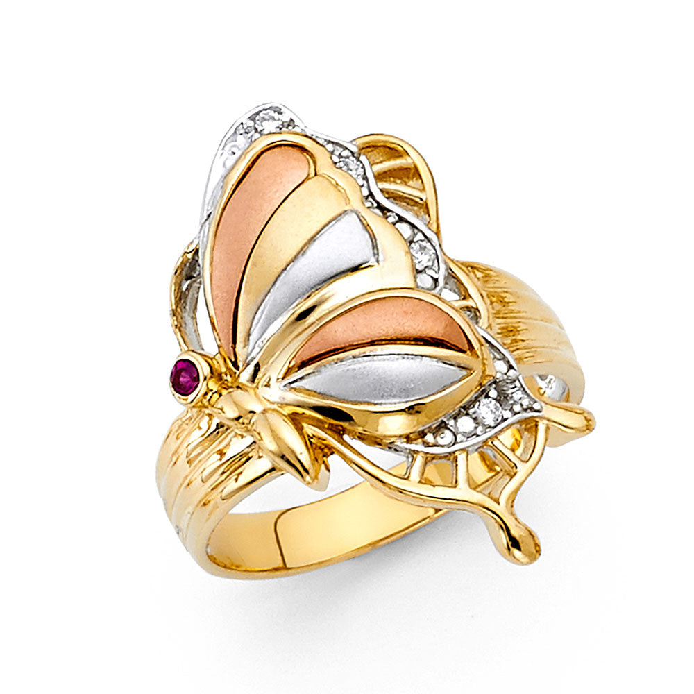 14K Tri-Color Gold Women’s Butterfly Design Ring with Synthetic Red Ruby CZ and Cubic Zirconia