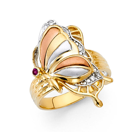 14K Tri-Color Gold Women’s Butterfly Design Ring with Synthetic Red Ruby CZ and Cubic Zirconia