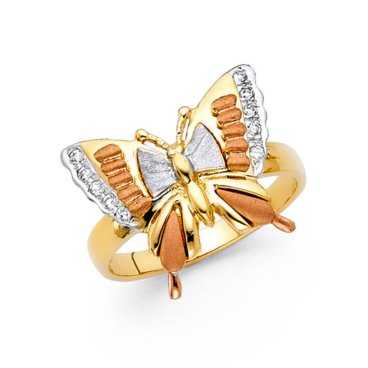 14K Tri-Color Gold Women’s Butterfly CZ Ring