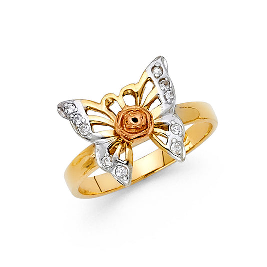 14K Tri-Color Gold Women’s Butterfly CZ Ring