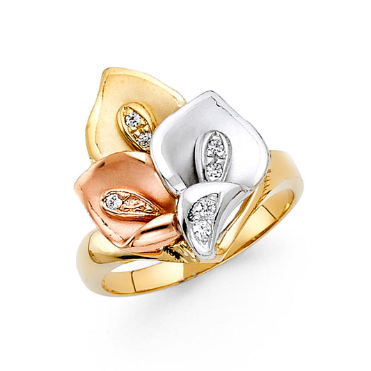 14K Tri-Color Gold Calla Lily Design CZ Ring