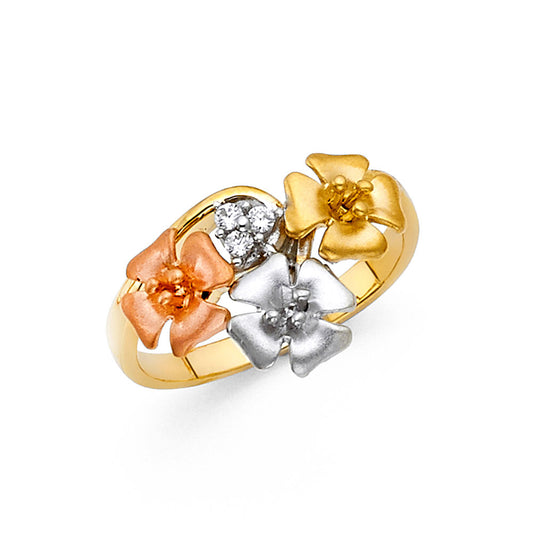 14K Tri-Color Gold Triple Flower CZ Ring