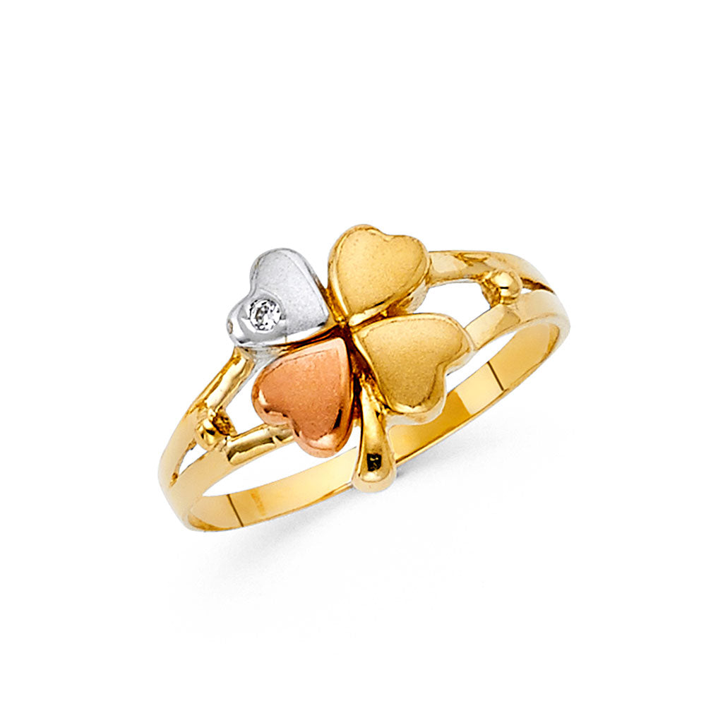 14K Tri-Color Gold Four-Leaf Clover CZ Ring