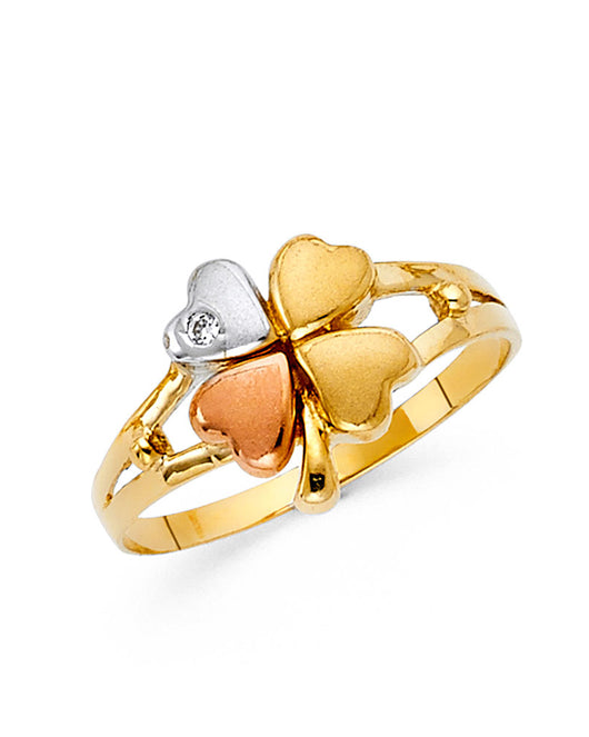 14K Tri-Color Gold Four-Leaf Clover CZ Ring
