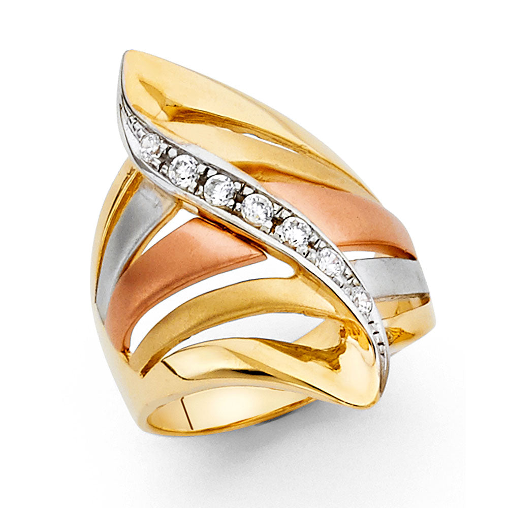 14K Tri-Color Gold CZ Crossover Ring