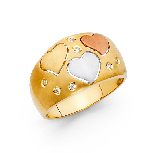 14K Tri-Color Gold Women's Heart Design CZ Ring