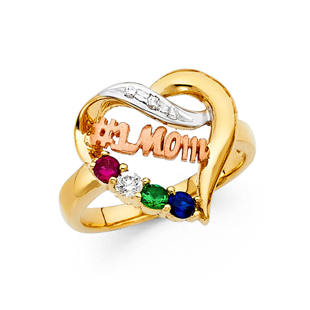 14K Tri-Color Gold Women’s Heart Design “#1 Mom” CZ Ring