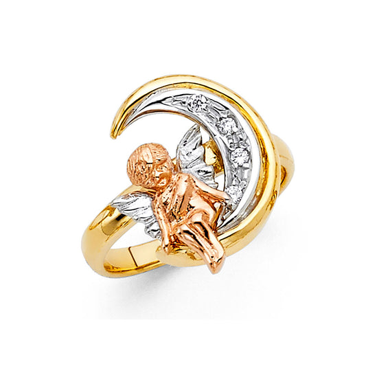14K Tri-Color Gold Cherub & Crescent Moon CZ Ring