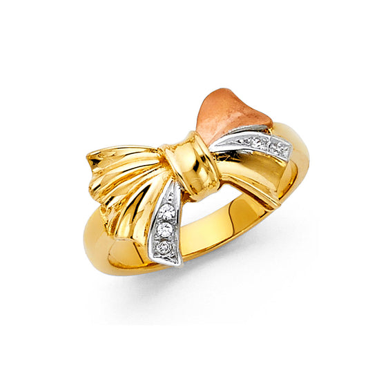 14K Tri-Color Gold Bow Design CZ Ring