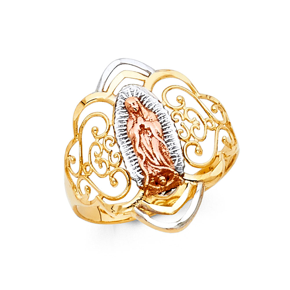 14K Tri-Color Gold Virgin Guadalupe Filigree Design Women’s Ring