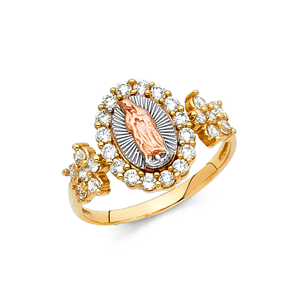 14K Tri-Color Gold Virgin Guadalupe CZ Floral Halo Ring
