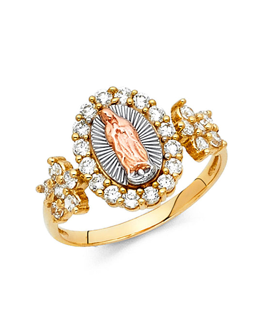 14K Tri-Color Gold Virgin Guadalupe CZ Floral Halo Ring