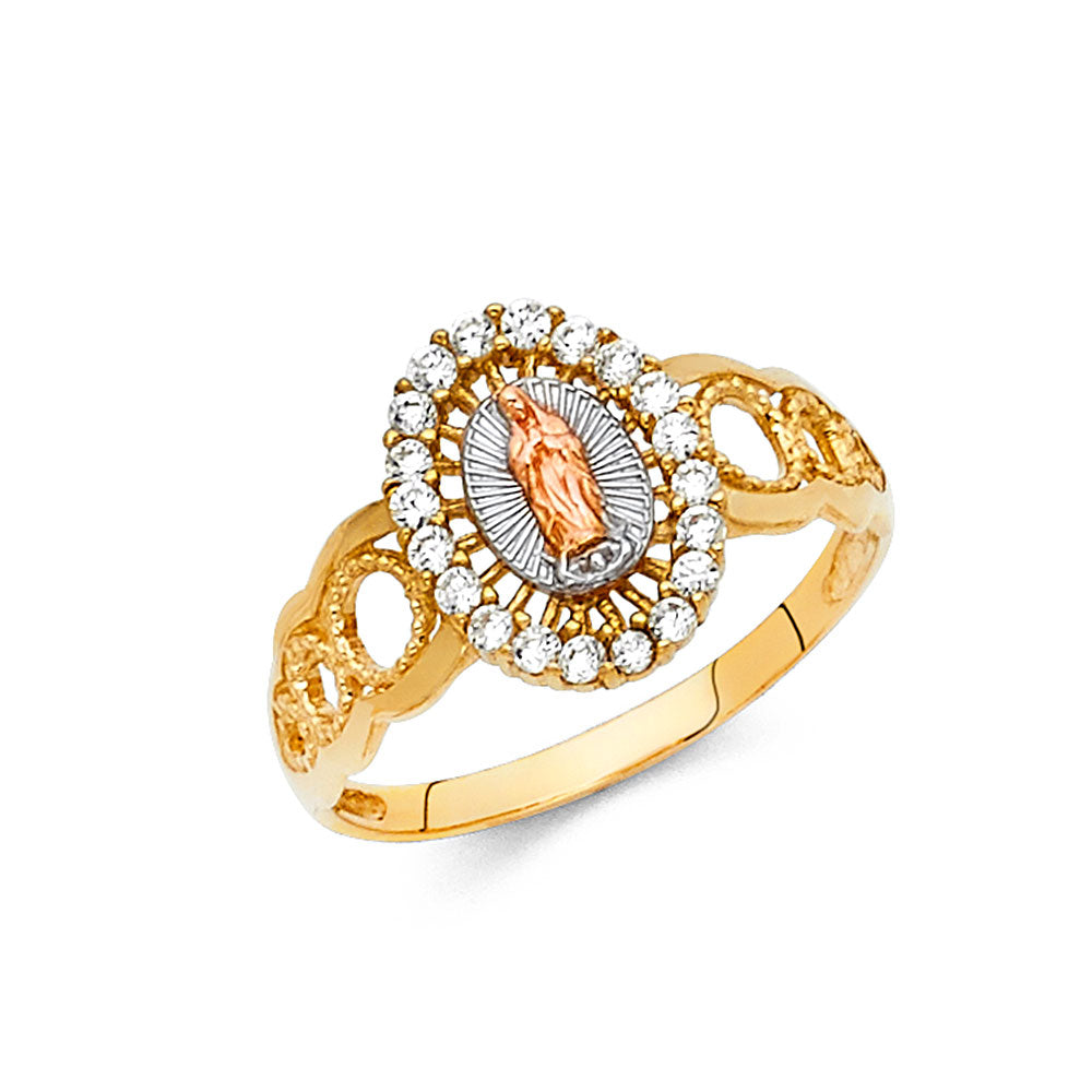 14K Tri-Color Gold Virgin Guadalupe CZ Halo Heart Design Ring