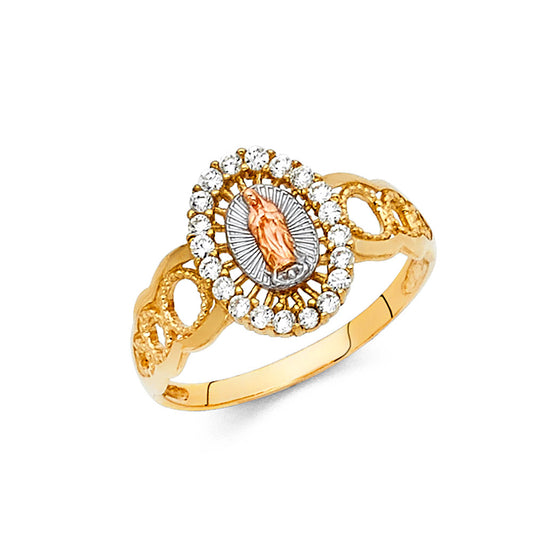 14K Tri-Color Gold Virgin Guadalupe CZ Halo Heart Design Ring