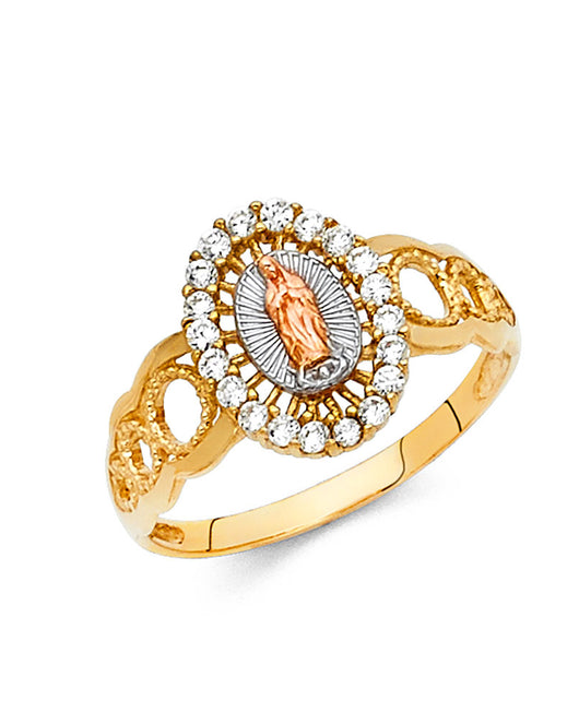 14K Tri-Color Gold Virgin Guadalupe CZ Halo Heart Design Ring