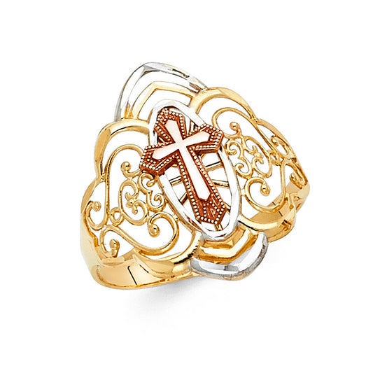 14K Tri-Color Gold Filigree Cross Ring