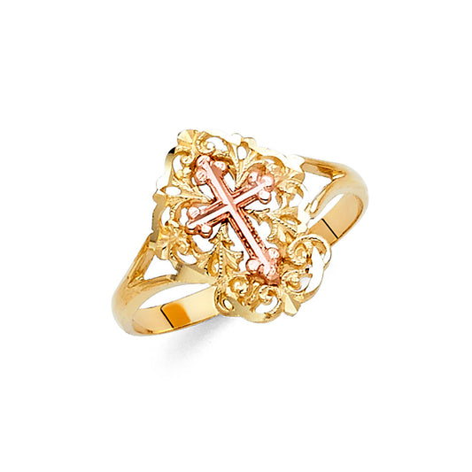 14K Tri-Color Gold Filigree Cross Ring