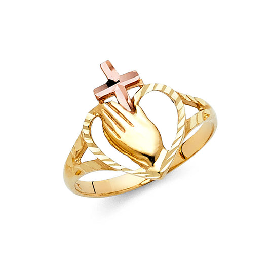 14K Two-Tone Gold Praying Hands Cross Heart Ring