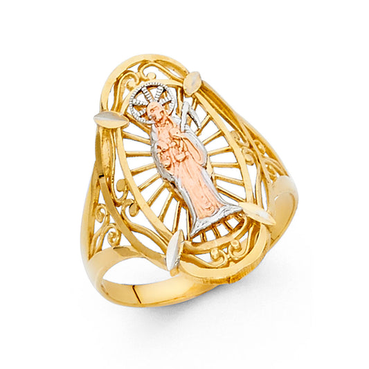 14K Tri-Color Gold Women’s Santa Muerte Sunburst Filigree Ring