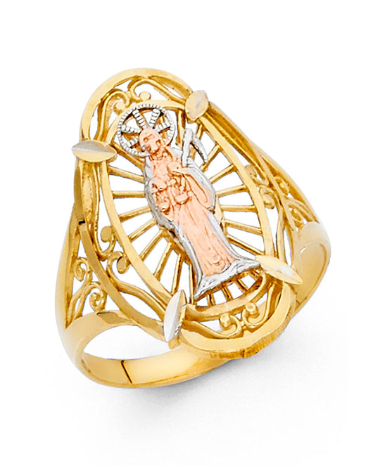 14K Tri-Color Gold Women’s Santa Muerte Sunburst Filigree Ring