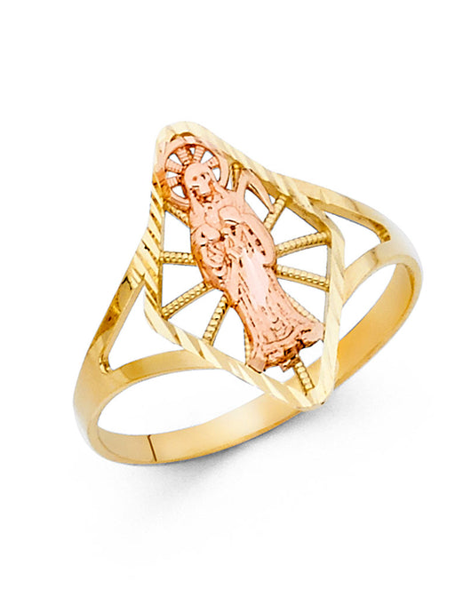 14K Two-Tone Gold Women’s Santa Muerte Diamond-Cut Frame Ring