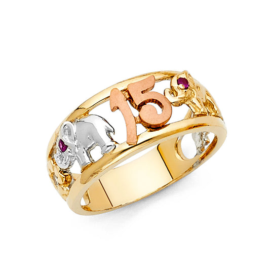 14K Tri-Color Gold 15 Años Quinceañera Ring