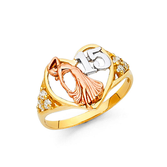 14K Tri-Color Gold 15 Años Quinceañera Ring