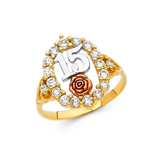 14K Two-Tone Quinceañera Ring with CZ Halo, Rose Accent, and White Gold 15