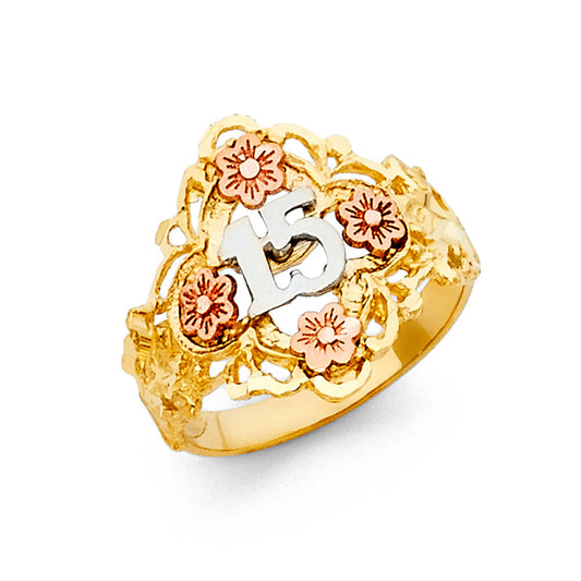 14K Tri-Color Gold 15 Años Quinceañera Ring