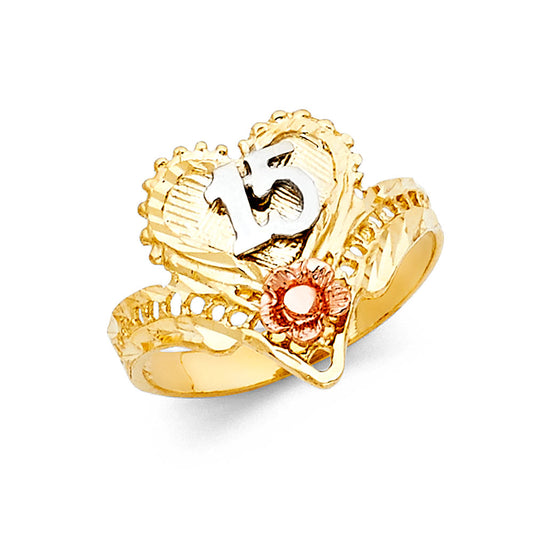 14K Tri-Color Gold 15 Años Quinceañera Ring