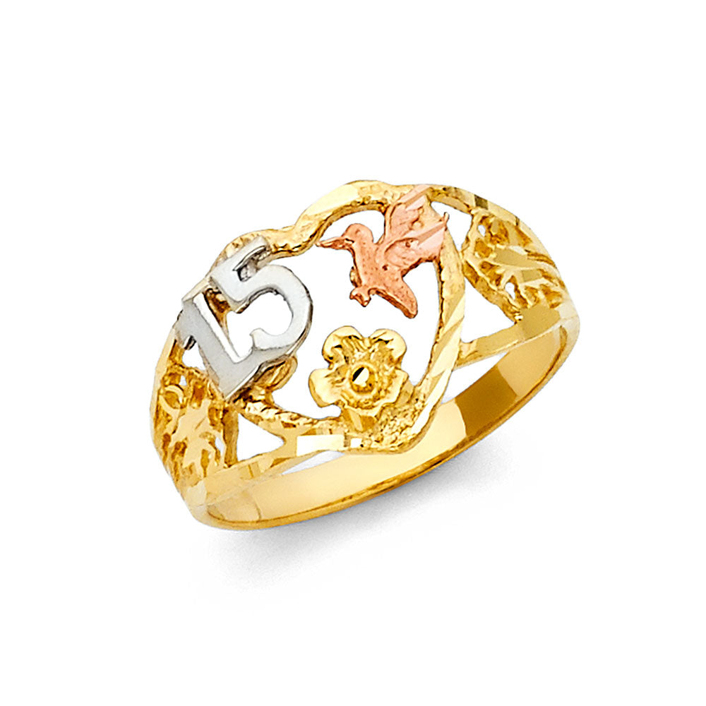 14K Tri-Color Gold 15 Años Quinceañera Ring