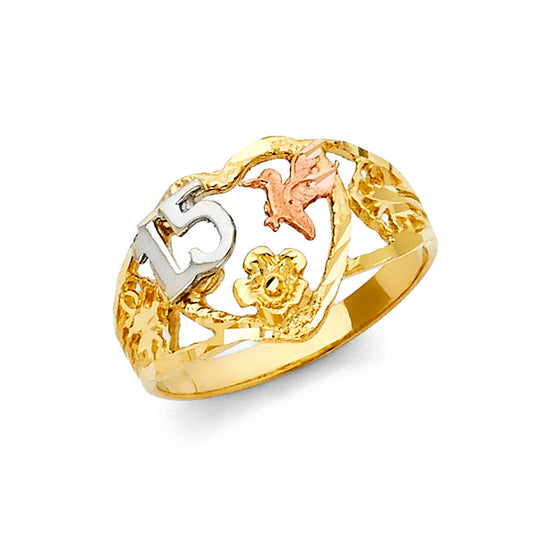 14K Tri-Color Gold 15 Años Quinceañera Ring