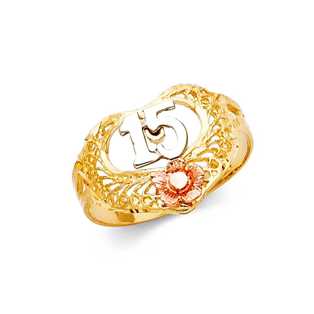 14K Tri-Color Gold 15 Años Quinceañera Ring