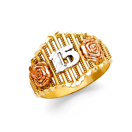 14K Tri-Color Gold 15 Años Quinceañera Ring