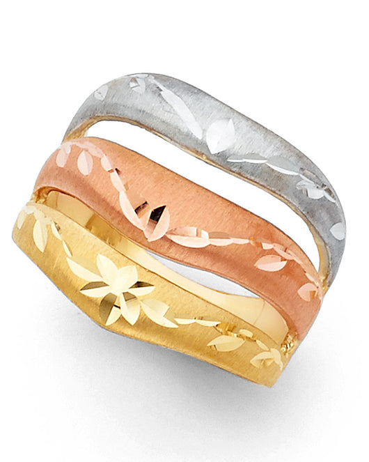 14K Tri-Color Gold Women's Diamond-Cut Floral Design Ring
